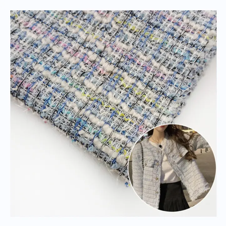 Canal fil d'argent bleu différent coloré vérifier conception Polyester Jacquard Tweed tricot tissu pour femmes manteau veste
