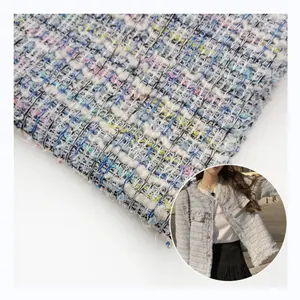 Channel Silver Thread Blue Different Colorful Check Design Polyester Jacquard Tweed Knit Fabric For Women Coat Jacket