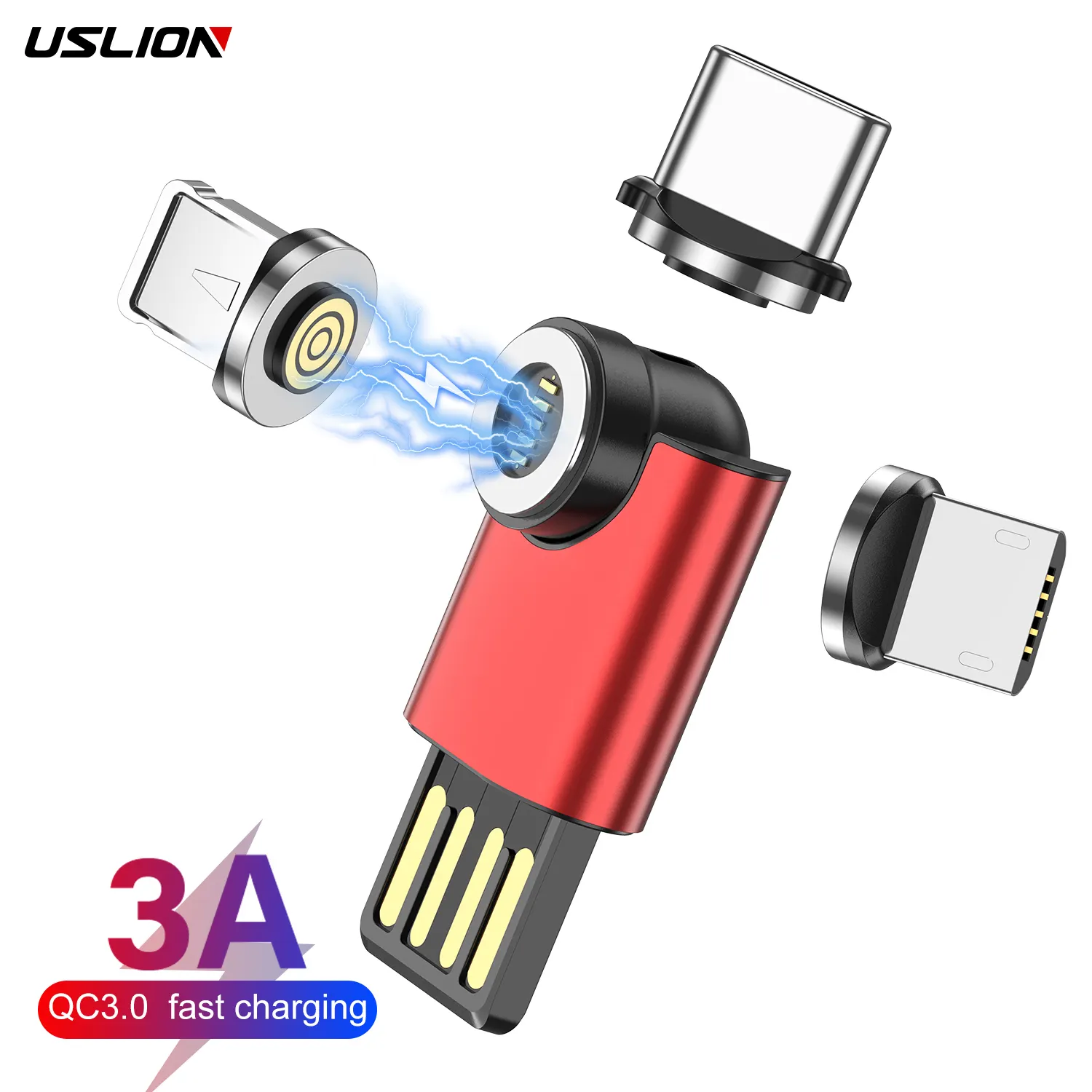 USLION Mini 540 Rotation 3 in 1 Magnetic Charger Mobile Phone Adapter USB Type C Converter Data Cable for iphone Huawei Samsung