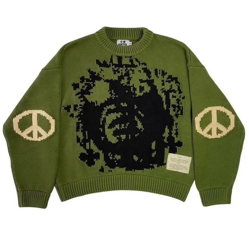 High Quality Oversized Men's Round Neck Green Men Long Sleeve Knitted Custom Cotton Sweater