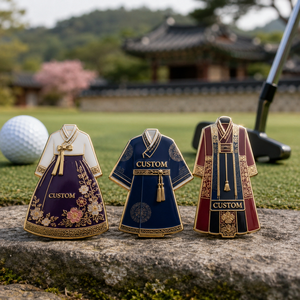 Marqueur de balle de <span class=keywords><strong>golf</strong></span> en métal personnalisé avec logo gravé, impression UV, émail souple ou dur, design gratuit, style traditionnel coréen (Hanbok) - Product Image 1