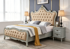 European Style Queen Size Wooden Bed <b>Frame</b> with Tufted Upholstered Headboard and Footboard Soft Faux Leather Design - Product Image 4