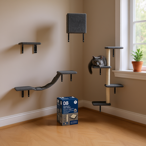 DB Set de Escalador para Gatos Montado en Pared, 5 Piezas, Estantes Flotantes Modernos, Perchas y Poste Rascador para Gatos, Árbol de Actividades para Interiores, Gris - Product Image 2