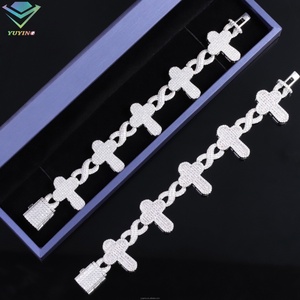 Sterling <b>Silver</b> Cuban Chain Link <b>Bracelet</b> <b>for</b> Men Eye/Cross Shape with VVS Baguette Moissanite Diamond Hiphop Style Jewelry - Product Image 1