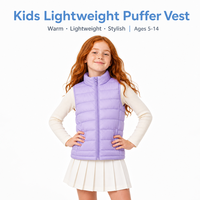 Chaleco Acolchado para Niños, Ligero, 100% Poliéster, Cuello Alto, Cierre Completo, Resistente al Viento, Sin Mangas, 5 Colores, 130-170, Personalizado OEM
