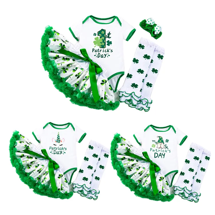 Neues St. Patrick's-Baby-Kleid Kurzarm 4-Blätter-Klee-Prinzessinnenklocken Strümpfe Kopfband 4-teilig Baby-1.-Jahrtagskleid