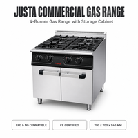Cuisinière à gaz commerciale JUSTA à 4 brûleurs avec protection contre l'extinction de la flamme et armoire de rangement, cuisinière en acier inoxydable pour restaurant, hôtel