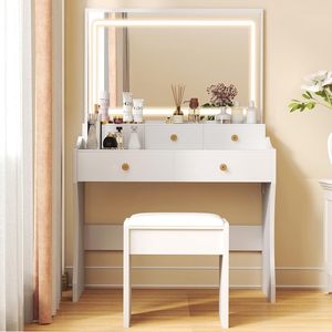 Coiffeuse blanche nacrée avec miroir LED et 5 tiroirs, table de maquillage avec station de charge, 3 modes de couleur - Product Image 3