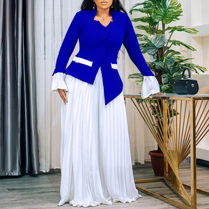 African Outfits Formal Elegant Flared Sleeve Top Worsted Pleated Wide Leg Pants Set Ladies Two Piece Classic Office <strong>Wear</strong> Fat - Product Image 3
