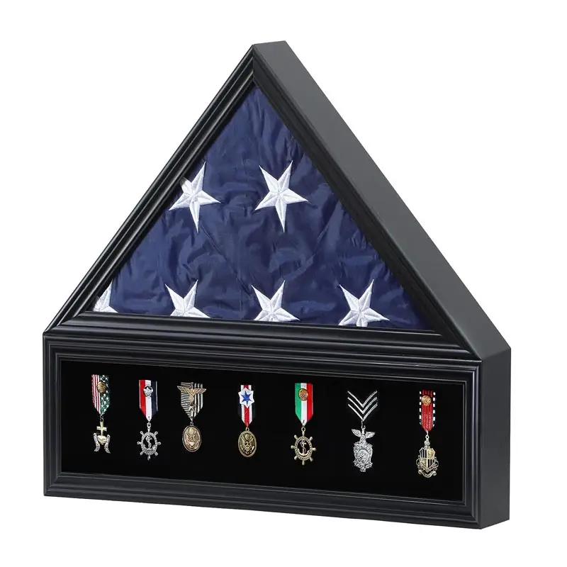 Vetrina per bandiera funeraria veterano scatola per ombre militare piegata americana con supporto per fodera in feltro per medaglie di insegne per spille, nero