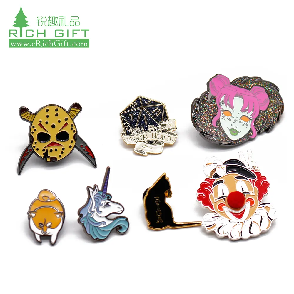 Goedkope Trading Souvenir Aangepaste Metal 3D Leuke Glitter Gold Clown Kat Hond Eenhoorn Custom Emaille Badge Revers Pin Voor Kleding