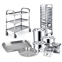 Chariot de cuisine professionnel en acier inoxydable pour la restauration, avec ensemble d'ustensiles de cuisson (bacs GN, marmites, poêles à griller)