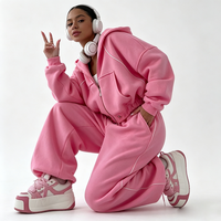 Ensemble de survêtement 2 pièces rose vieilli et surdimensionné, comprenant un sweat à capuche court zippé et un pantalon de survêtement, streetwear d'hiver pour femmes de grande taille