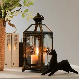 Embossed Style Small Metal <strong>Lantern</strong> Decoration Iron Wood Brass <strong>Candle</strong> Holders &amp; Tealight Jars - Product Image 3