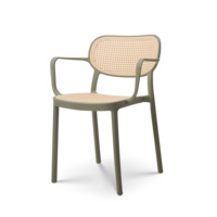 Fauteuil monobloc moulé en plastique vert, chaise de salle à manger empilable aspect osier pour la restauration commerciale et l'ameublement hôtelier