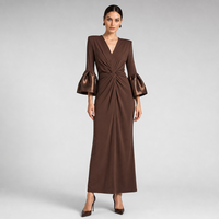 Robe longue marron chocolat à taille nouée pour femme, col en V, manches trompette, poignets en satin, robe de soirée formelle pour invitée de mariage, vente en gros, nouveauté