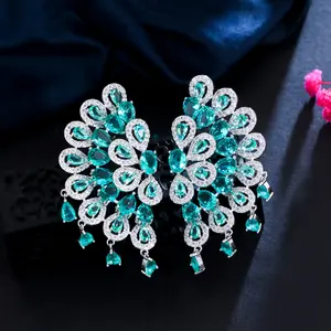 Symmetrical Cubic Zirconia Stone Tassel Drop Silver Plated Dangling Long Large Peacock Green Earrings for Party Brides