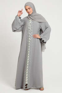Vestido Largo Modesto Color Gris Personalizado Leduo – Abaya con Puños Fruncidos y Hiyab para Mujeres Musulmanas - Product Image 2