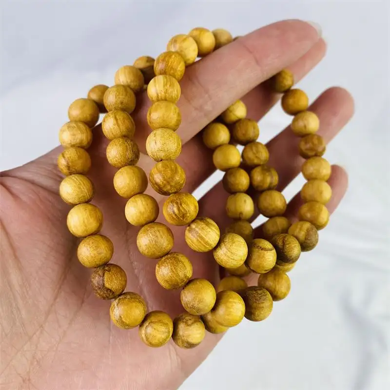 Natural high quality spiritual palo santo round beads carvings healing yellow sandalwood crystal bracelet for gifts decoration