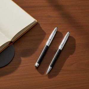 Black Leather Wrapped Rollerball Ballpoint <b>Pen</b> Set with <b>White</b> Stitching Polished Silver-Tone Metal Trim for Custom Logo Executi - Product Image 4