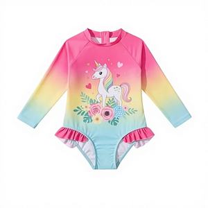 Maillot de bain une pièce à manches longues pour filles, protection solaire UPF 50+, fermeture éclair, design sirène licorne à volants pour bébés et jeunes enfants - Product Image 1