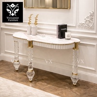 Console d'entrée de luxe en marbre avec pieds en cristal, finition dorée, design moderne, personnalisable pour salon, chambre, villa, hôtel