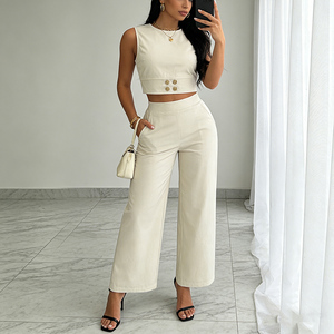 Conjunto de Dos Piezas para Mujer, Verano, Top Corto sin Mangas y Pantalones Anchos de Cintura Alta, Casual y Cómodo - Product Image 2