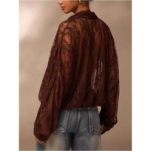 เสื้อผู้หญิงลูกไม้ตาข่ายแบบสั่งทำพิเศษ คอวีลึก แขนยาว ผ้าบาง ผูกโบว์ด้านหน้า ใส่ได้ทุกวัน - Product Image 5