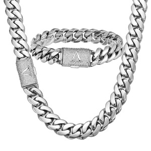 Hochwertige Herren Hip-Hop Edelstahl-Halskette 26 Initialen Buchstaben Flip-Verschluss Verschlüsselte Kubanische Gliederkette Armband - Product Image 1