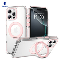 Nouvelle coque de téléphone rose tendance pour fille avec support rotatif pour iPhone 16 Pro Max, cadre d'objectif en métal, coque de téléphone magnétique protectrice