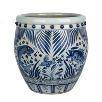Grand vase de sol en céramique émaillée bleu et blanc de Jingdezhen, motif paysager, poignées en forme de chien Foo, décoratif, écologique, fait main, 5-15L