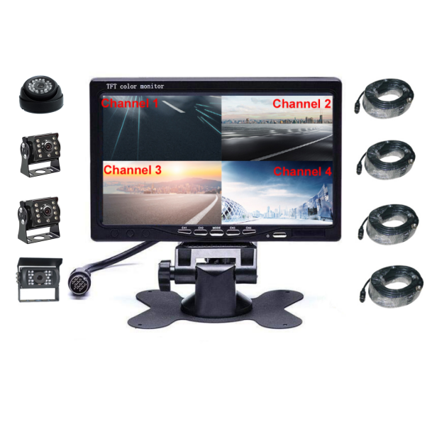 7 Inch IPS Quad 4CH Video Inputs Monitor With IP69K Waterproof IR Bus CCTV Camera 24V 36V