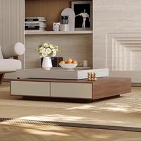 Table basse à deux niveaux carrée en placage de noyer avec plateau en pierre frittée, double tiroir de rangement, style moderne du milieu du siècle, pour la maison et l'hôtel