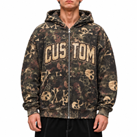 Sweat à capuche personnalisé de haute qualité avec impression intégrale, poids lourd 380 GSM, motif camouflage tête de mort, OEM, faible MOQ, coupe ample oversize, zippé, pour homme