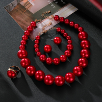 KISSWIFE Ensemble de 4 pièces pour femmes, collier de perles blanches, roses, rouges, boucles d'oreilles, bracelet, bague, ensemble de bijoux de fête de mariage pour femmes