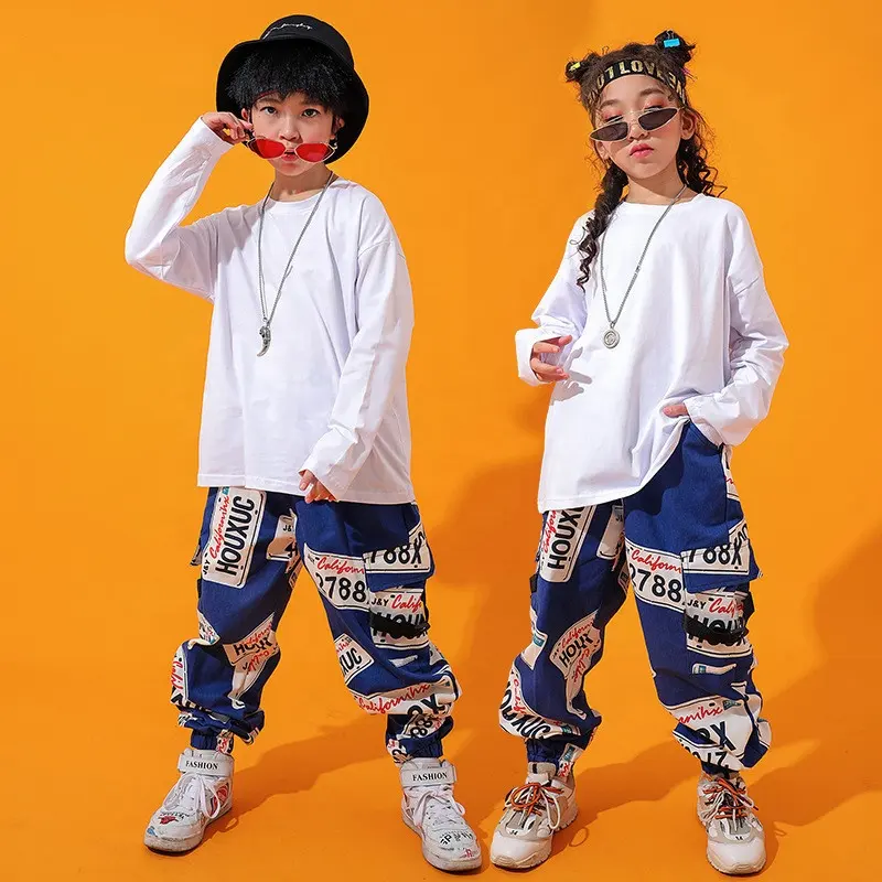 Erkek Hip Hop üst kargo pantolon kız kazak Graffiti Joggers giysi Set çocuklar sokak dans giyim çocuk caz kostüm sokak