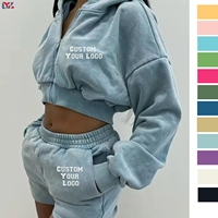 Personnalisé Deux Pièces Femme Détresse Coton vierge Zip Up Cropped Survêtements Jogging Hoodie Survêtements Ensemble Short 2 Pièces pour Femmes
