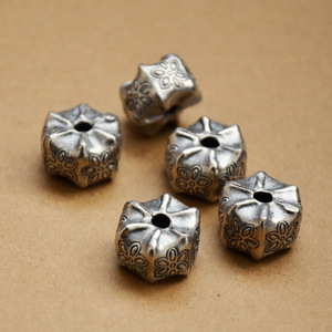 Hexagon Cut Silver <b>Spacer</b> Bead With Flower Pattern For Bracelet Making Jewelry Findings Z049 - Product Image 1