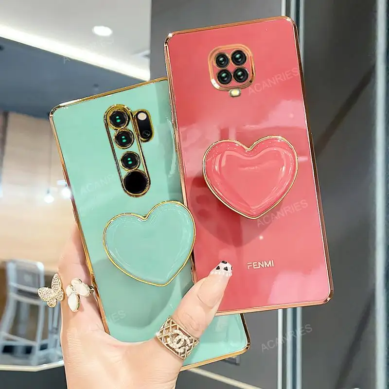 Phone Case On For Xiaomi redmi note 9 8 7 pro 9s note9 s note8 2021 Plating Love Heart Fold Holder Luxury Stand Silicone Cover