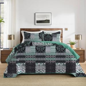 Impreso Patchwork patrón poliéster Material negro <span class=keywords><strong>turquesa</strong></span> Color 3 uds juego de cama <span class=keywords><strong>colcha</strong></span> para tamaño Queen/King - Product Image 2