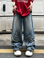 Jeans brodés avec patchs, effet délavé, vintage, baggy, à jambes larges, amples, en denim, pour hommes, streetwear