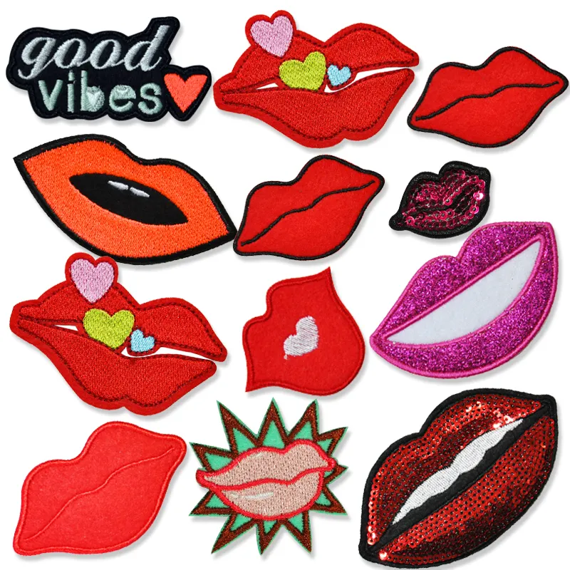 Custom Iron on Patches Embroidery Lips Embroidered Patch Fabric Patch Sweatshirt