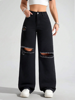 En gros Jean en denim déchiré taille haute coupe droite style boyfriend décontracté polyvalent ample
