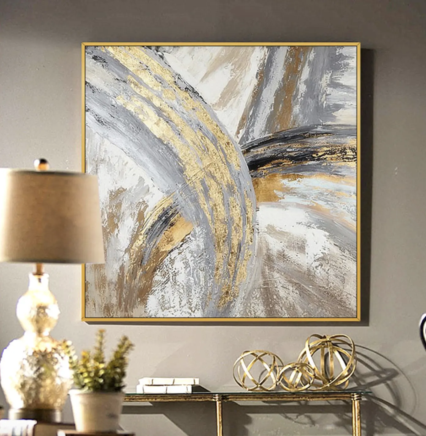 75x75cm Handmade Gold Framed Gold color Modern Decoration Wall Art on canvas