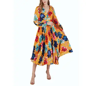 fashion beautiful cut out back pleated satin dress floral print deep v neck women's dresses