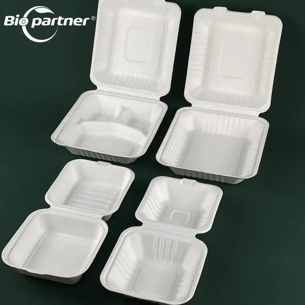 Ak2 Biologisch Afbreekbare Togo-Voedselcontainer Wegwerp Afhaallunch Inpakken Bagasse Pulp Scharnier Hamburger Box Chips Afhaalmaaltijd