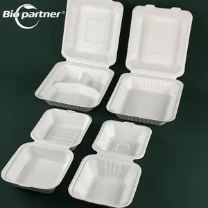 AK2 biodegradable togo food container disposable take away lunch packing bagasse pulp hinge hamburger box chips takeaway