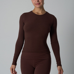T-shirt basique à manches longues pour femme, 90 % coton, 10 % élasthanne, coupe ajustée très extensible, hauts de sport pour la gym - Product Image 3