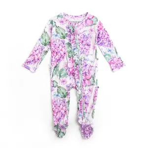 customized design Hydrangea Ruffle Footie sleep and play bamboo baby romper toddler clothes boutique baby pajamas rayon