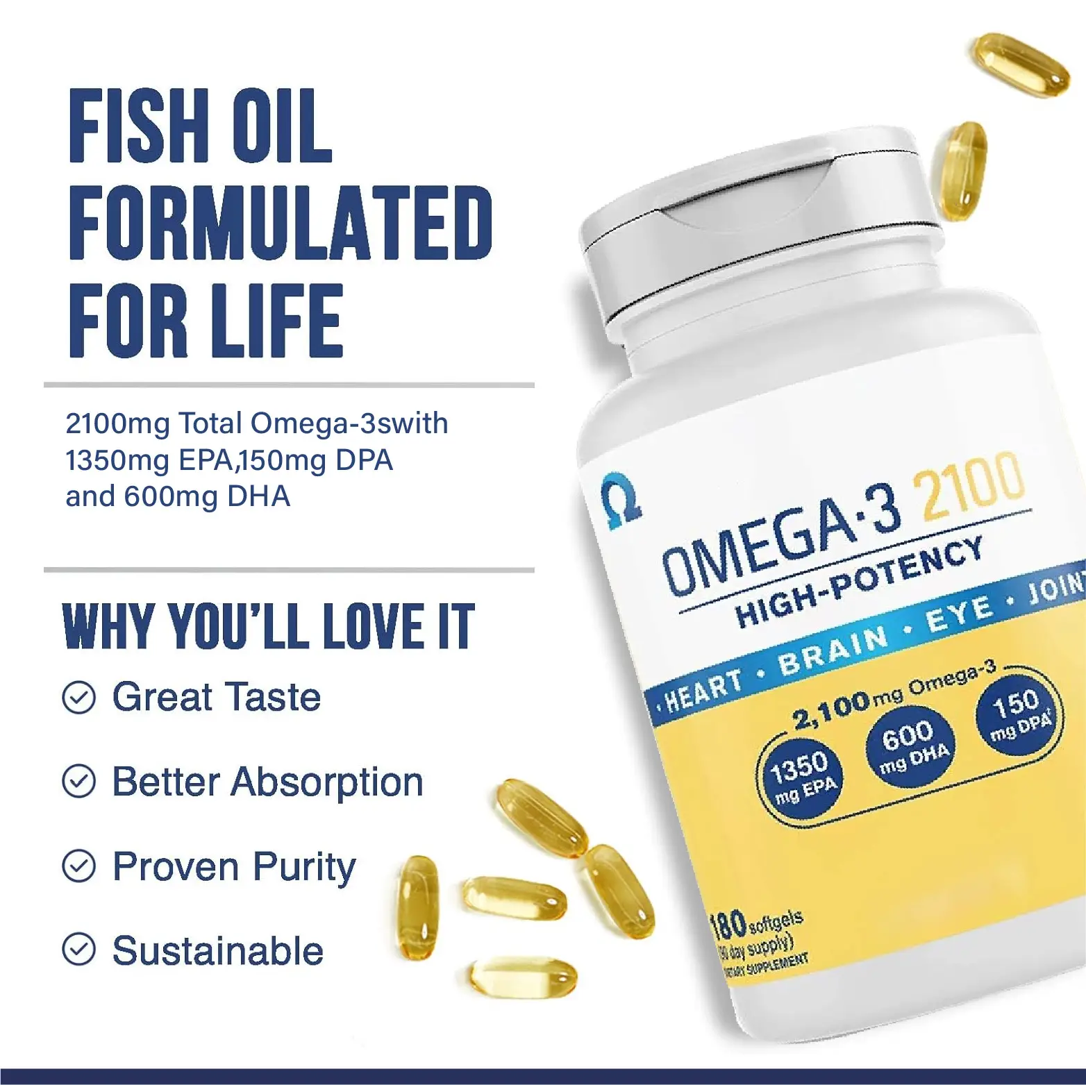 Private Label fish oil omega 3 softgel capsules EPA DHA fish oil omega 3 1200mg eye brain heart
